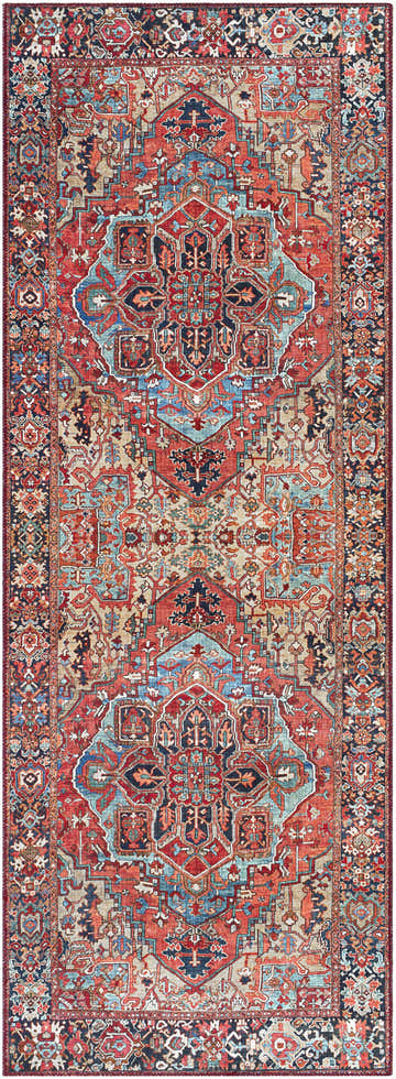 Detailed Livabliss Iris IRS-2330 area rug with traditional beige, red, navy, and teal geometric patterns. Design-Runner-2676
