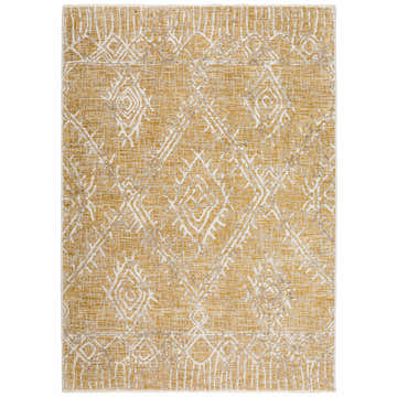 Close-up of Dalyn Izmir IZ1 Gold Area Rug. Beige rug with chestnut and ivory geometric pattern. Farmhouse style.