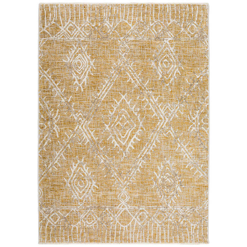 Close-up of Dalyn Izmir IZ1 Gold Area Rug. Beige rug with chestnut and ivory geometric pattern. Farmhouse style.