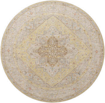 Close-up of round Jago Thick Luxe Area Rug. Farmhouse style, amber, brown, pink, olive, gray, and taupe colors. Design-Round-67