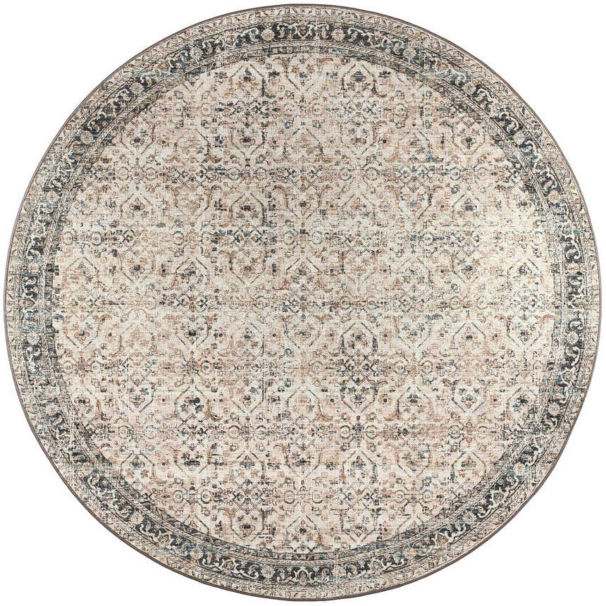 Detailed round Dalyn Jericho JC10 Taupe Area Rug with a traditional floral pattern and chestnut, ivory, and blue accents.