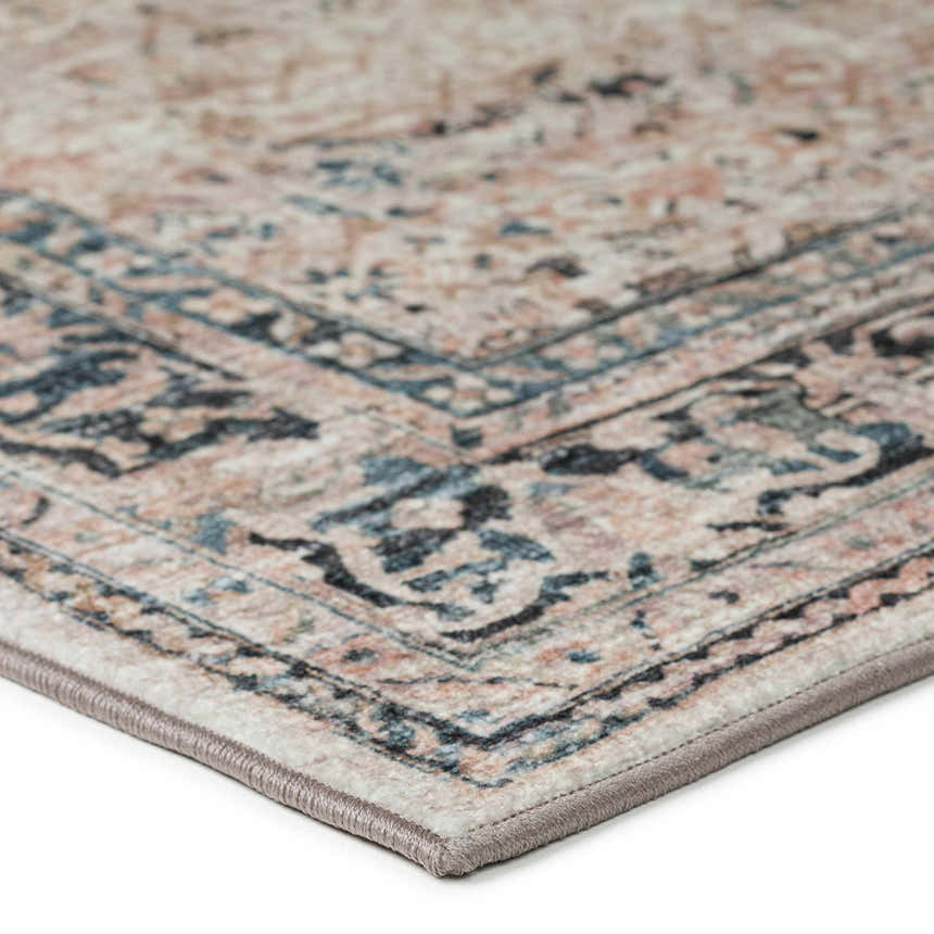 Close up of the traditional Dalyn Indoor/Outdoor Jericho JC10 Taupe Area Rug, showing its taupe, blue, and chestnut pattern.