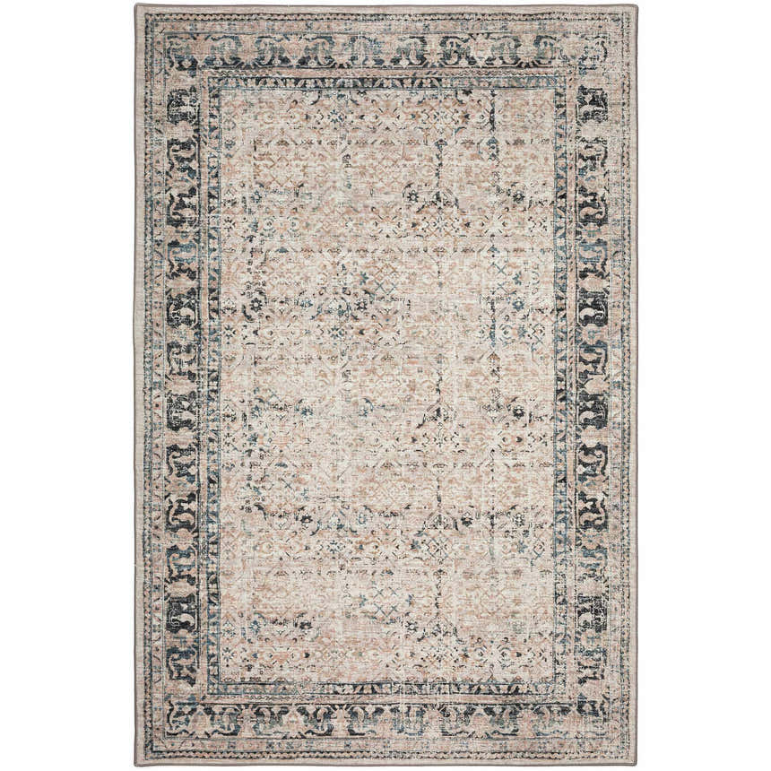 Detailed view of the Dalyn Indoor/Outdoor Jericho JC10 Taupe Area Rug, featuring a traditional, faded floral pattern and border.