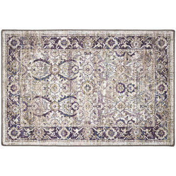 Close-up of the Dalyn Indoor/Outdoor Jericho JC1 Oyster Area Rug, featuring a traditional floral pattern in oyster, purple, and olive tones.