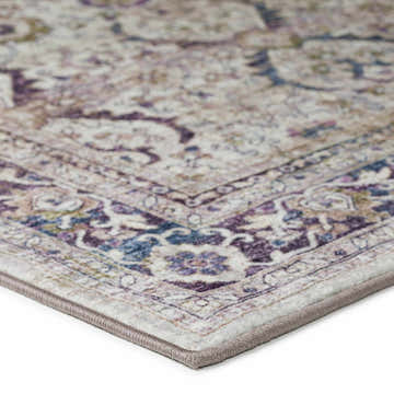 Close-up of Dalyn Jericho JC1 Oyster Area Rug showing traditional floral pattern in oyster, purple, navy, and chestnut.