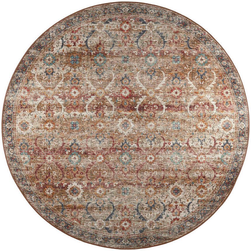Detailed round Dalyn Jericho JC1 Taupe area rug with brown, ivory, paprika, and spice floral pattern.