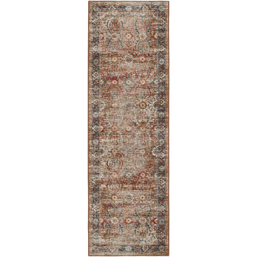 Detailed view of the Dalyn Jericho JC1 Taupe runner rug. Features traditional floral patterns in brown, ivory, paprika, and spice tones.