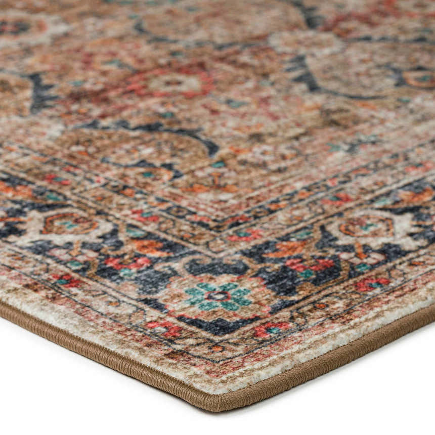Close-up of the Dalyn Indoor/Outdoor Jericho JC1 Taupe Area Rug, showing its traditional floral pattern and brown, paprika, and spice colors.