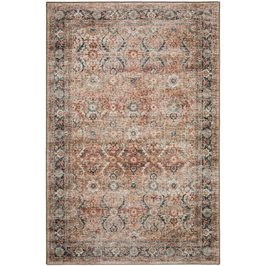 Detailed Jericho JC1 Taupe area rug with a traditional floral pattern in brown, ivory, paprika, spice, and taupe.