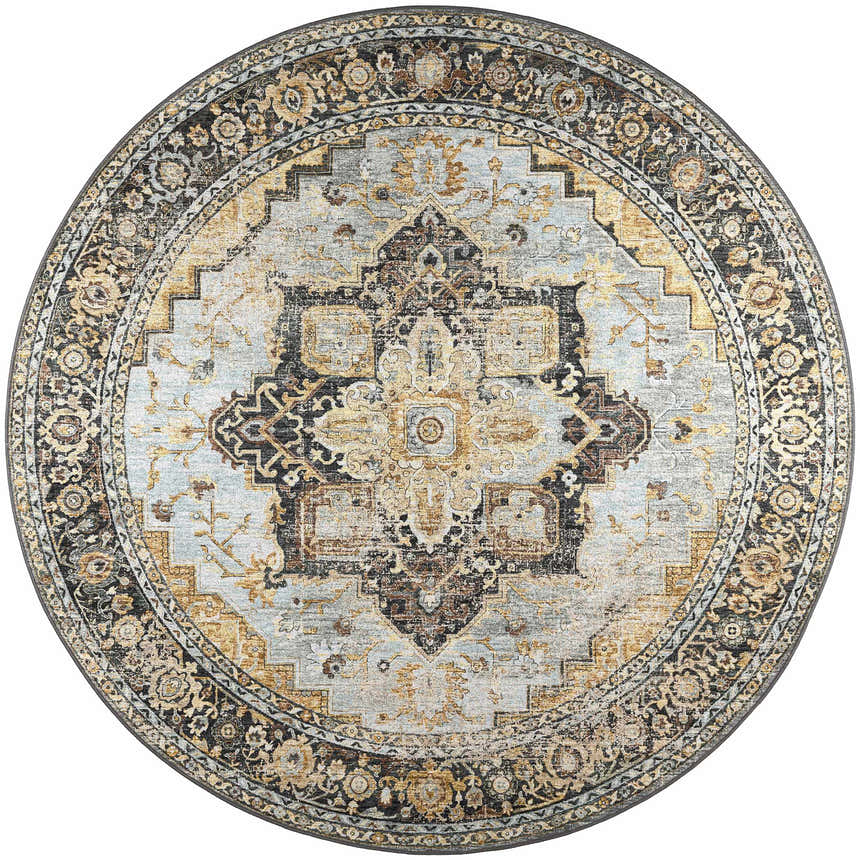 Close-up of round Dalyn Jericho JC2 Pewter area rug with traditional floral and geometric pattern in pewter, gold, and chestnut.