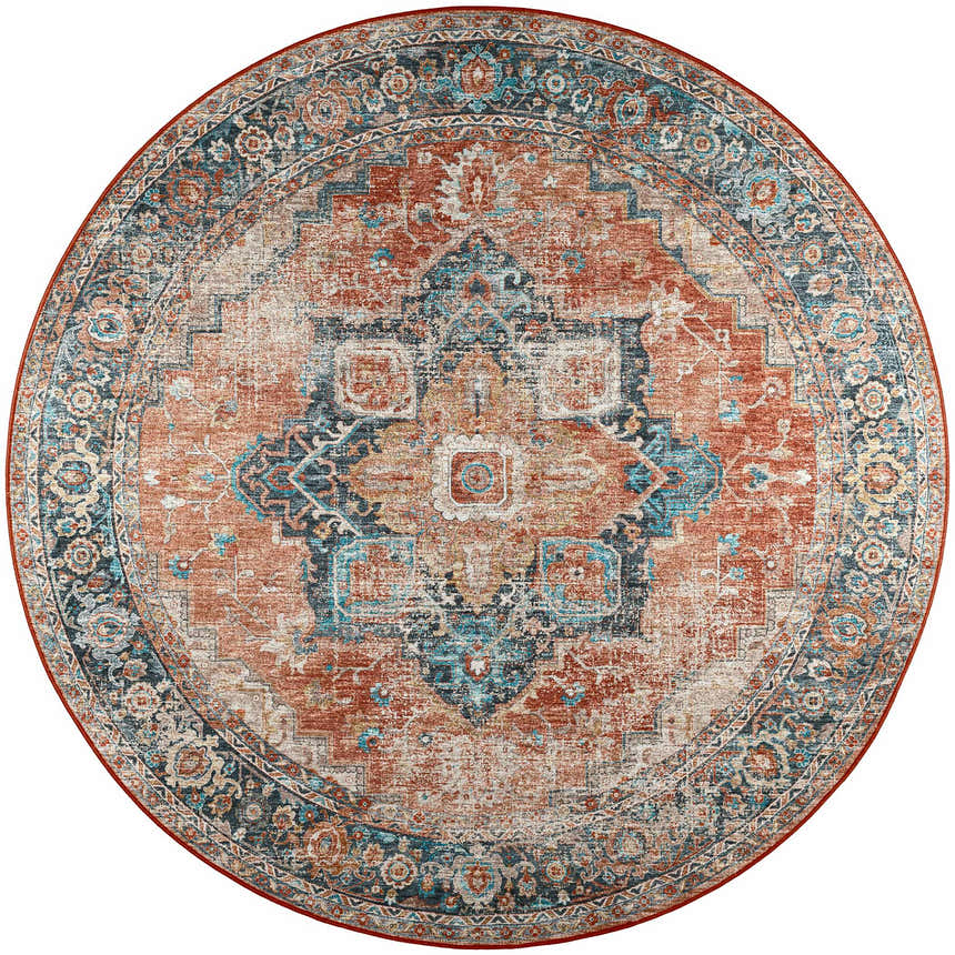 Detailed round Dalyn Jericho JC2 Spice Area Rug with a traditional light brown, paprika, and teal pattern.