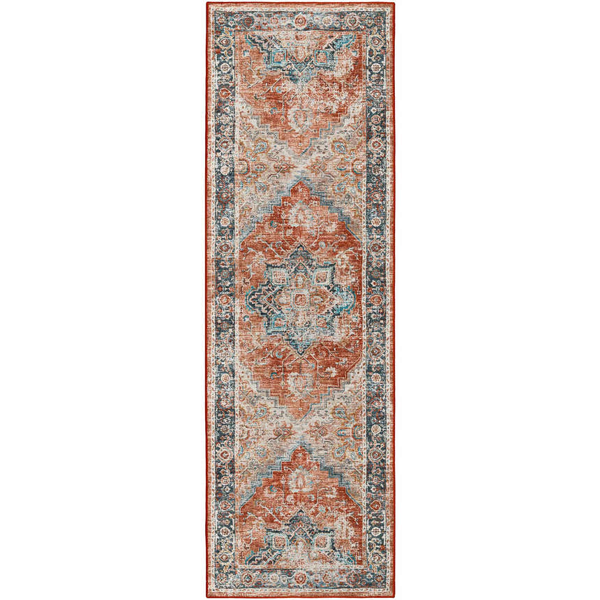 Detailed view of a Dalyn Jericho JC2 Spice Area Rug with a traditional paprika, teal, and light brown pattern.