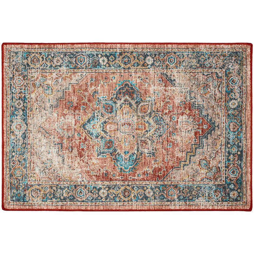 Detailed view of the Dalyn Jericho JC2 Spice Area Rug with light brown, paprika, and teal traditional design.