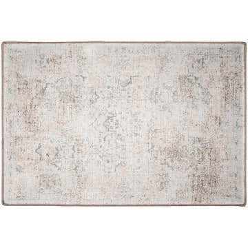 Close-up of the Dalyn Indoor/Outdoor Jericho JC3 Pearl Area Rug. Farmhouse style rug in chestnut, light brown, pearl, and taupe.