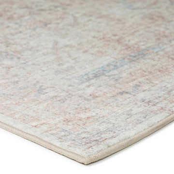 Close-up of the Dalyn Jericho JC3 Pearl area rug, showcasing its farmhouse style, pearl, chestnut, and light brown colors.