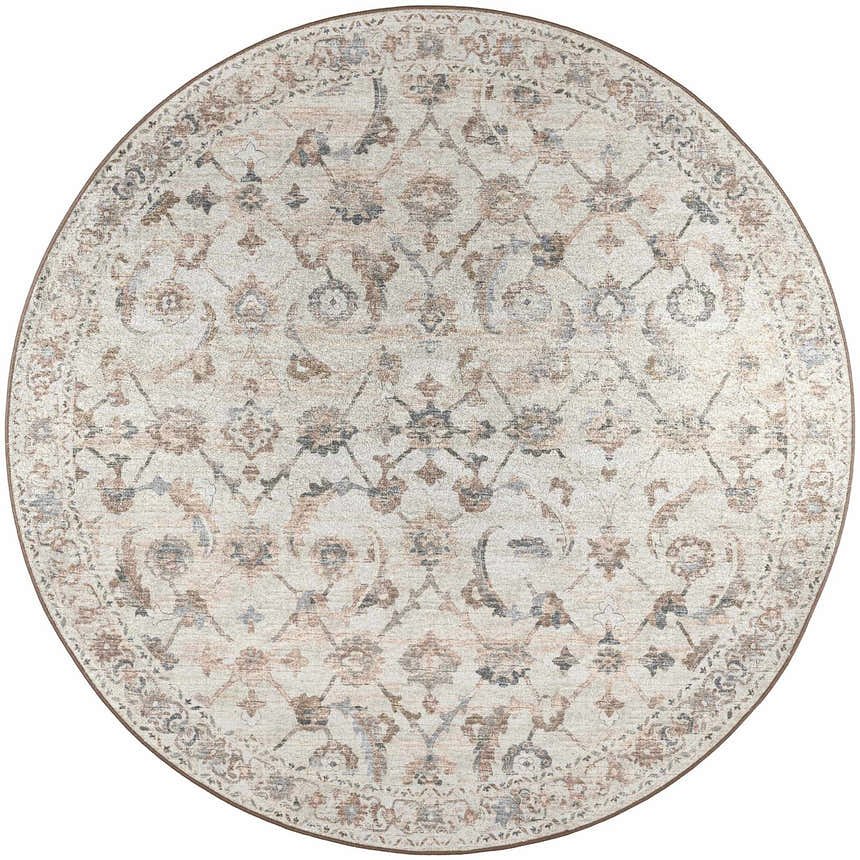 Close-up of round Dalyn Indoor/Outdoor Jericho JC4 Linen Area Rug. Beige rug with chestnut, light blue, and peach floral pattern.