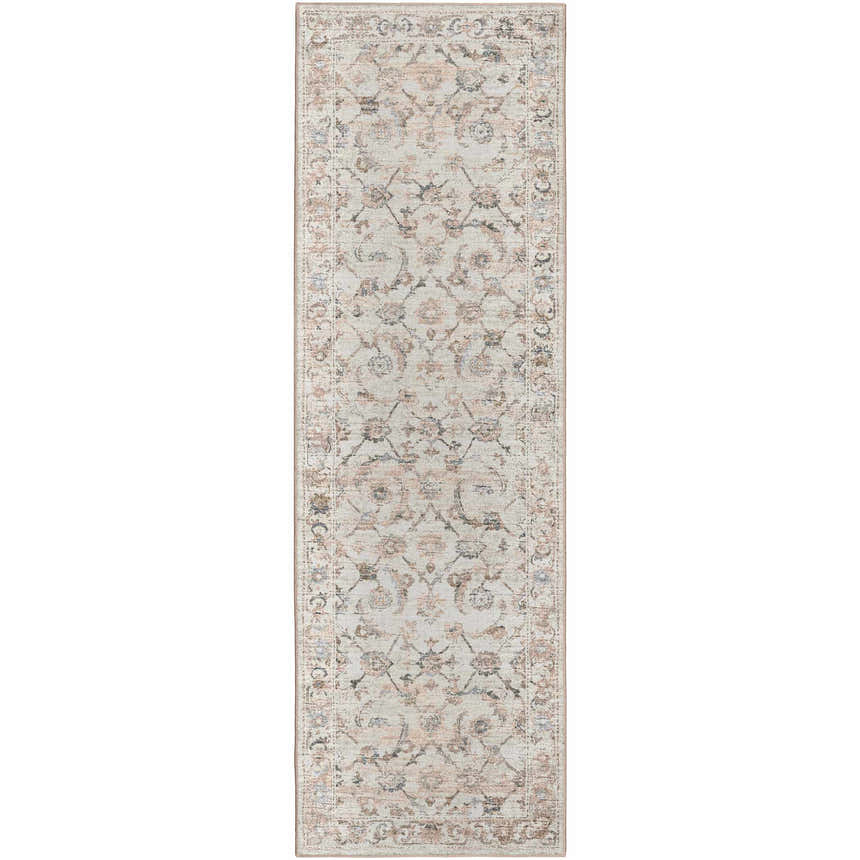 Close-up of the Dalyn Indoor/Outdoor Jericho JC4 Linen Area Rug. Beige, peach, and blue farmhouse-style floral pattern.