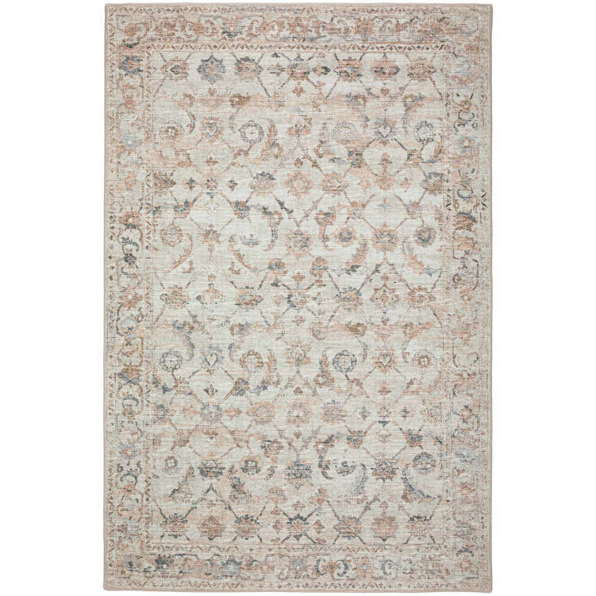 Dalyn Jericho JC4 Linen Area Rug with beige, chestnut, light blue, peach, and taupe floral pattern.
