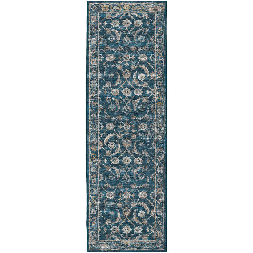 Close-up of a Dalyn Jericho JC4 Navy Area Rug runner featuring a traditional floral pattern in navy, brown, and gold.
