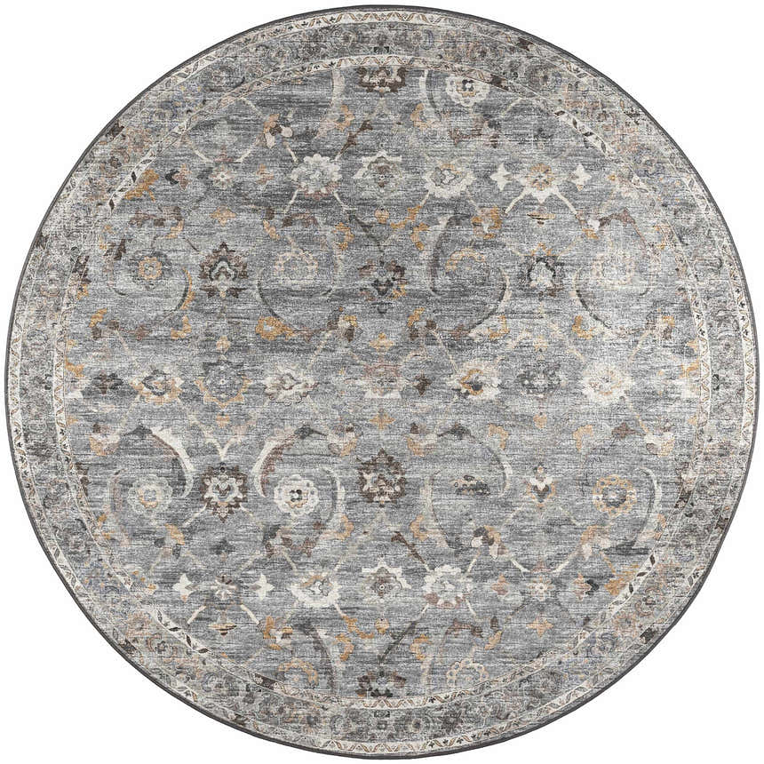 Close-up of round Dalyn Jericho JC4 Silver Area Rug. Farmhouse style with chestnut, gold, and silver gray floral pattern.