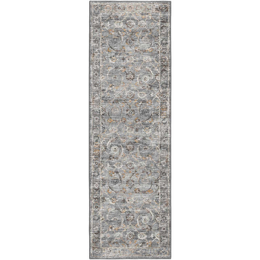 Detailed texture of a Dalyn Indoor/Outdoor Jericho JC4 Silver Area Rug with chestnut, gold, and silver gray floral pattern.