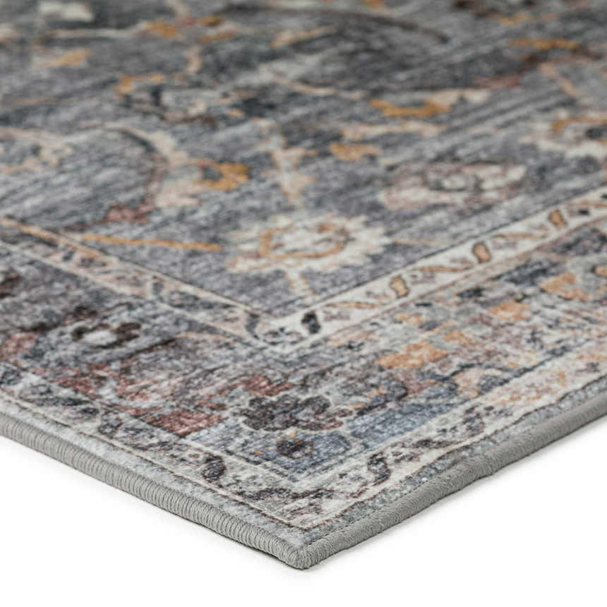 Close-up of the Dalyn Indoor/Outdoor Jericho JC4 Silver Area Rug. Features chestnut, gold, and silver gray tones in a traditional pattern.