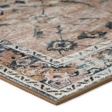 Close-up of the Dalyn Jericho JC4 Taupe area rug showing its traditional floral pattern and chestnut, gold, and navy colors.