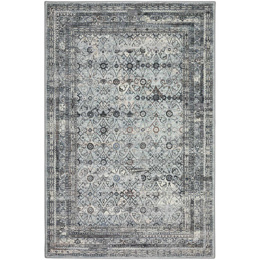 Detailed texture of the Dalyn Indoor/Outdoor Jericho JC7 Pewter Area Rug, featuring a traditional black and gray pattern.