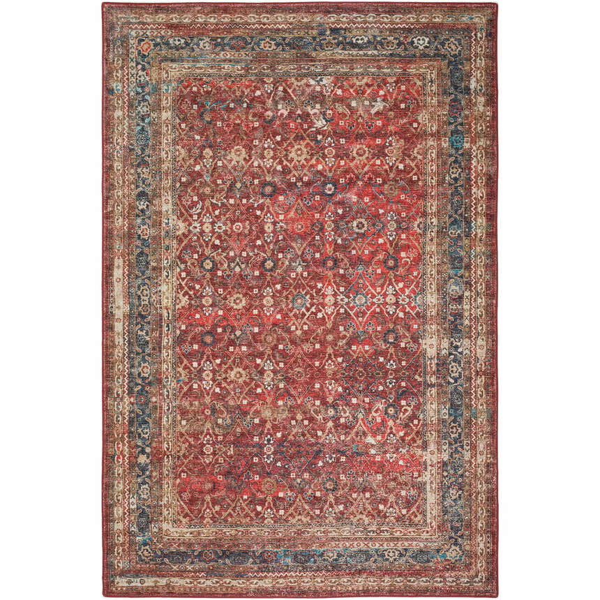 Detailed view of the Dalyn Jericho JC7 Scarlett Area Rug, featuring a traditional red, gold, and blue pattern.