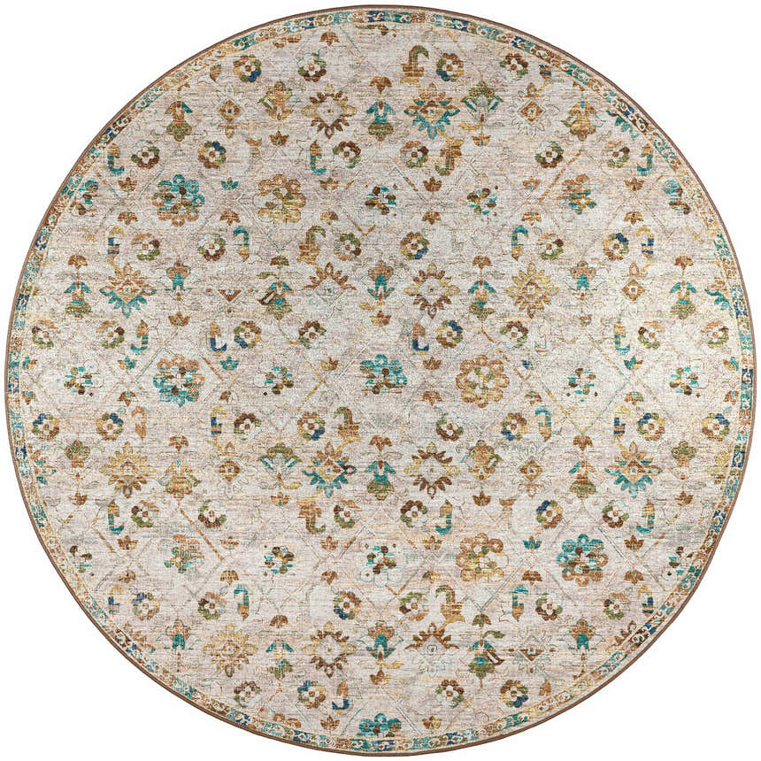Round Dalyn Jericho JC8 Parchment Area Rug. Farmhouse style rug with chestnut, teal, and ivory floral pattern.
