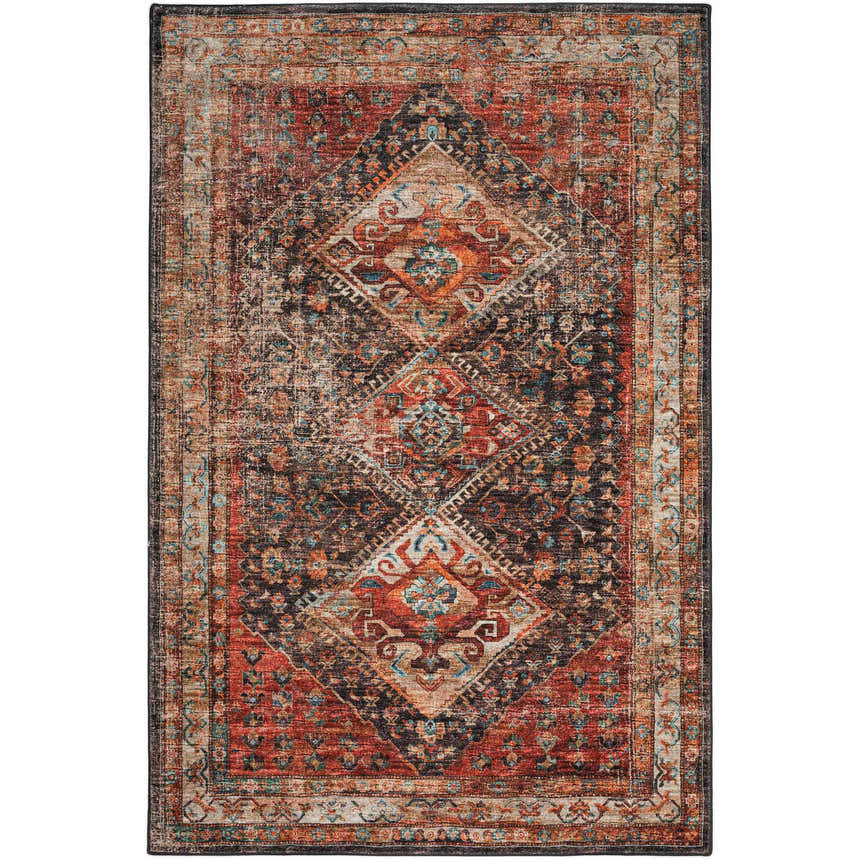 Detailed texture of the Dalyn Jericho JC9 Canyon Area Rug with brown, paprika, and teal traditional patterns.