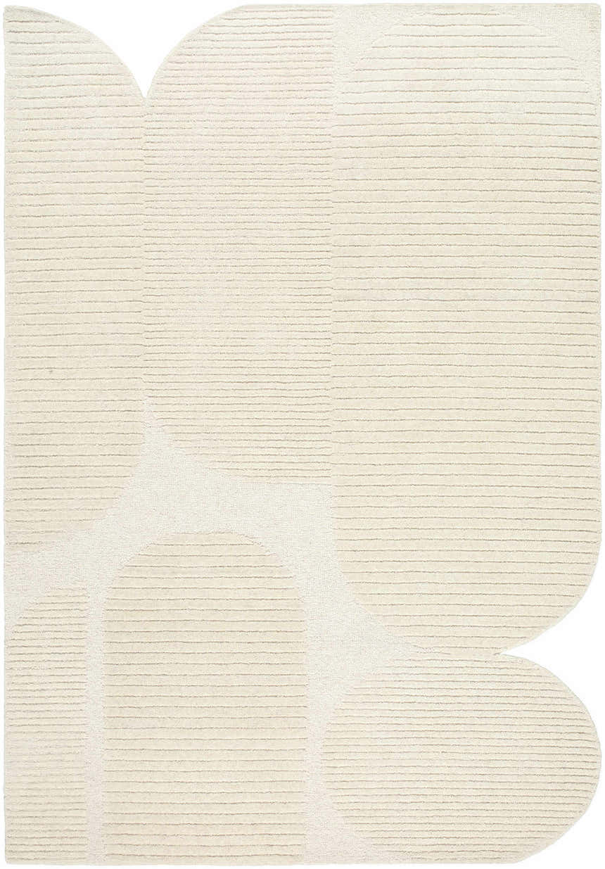 Close-up of the Jgadve Ivory Abstract Area Rug. Hand-tufted wool rug with a contemporary beige and cream abstract design. Design-Rectangle-576