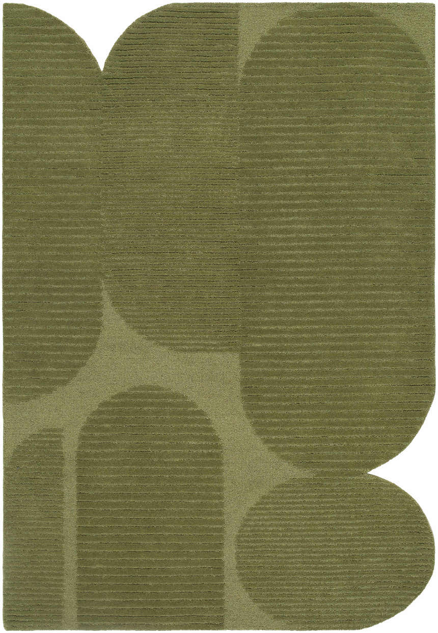 Close-up of the Goci Olive Abstract Area Rug. Hand-tufted wool rug with a modern geometric pattern in moss, olive, and sage. Design-Custom