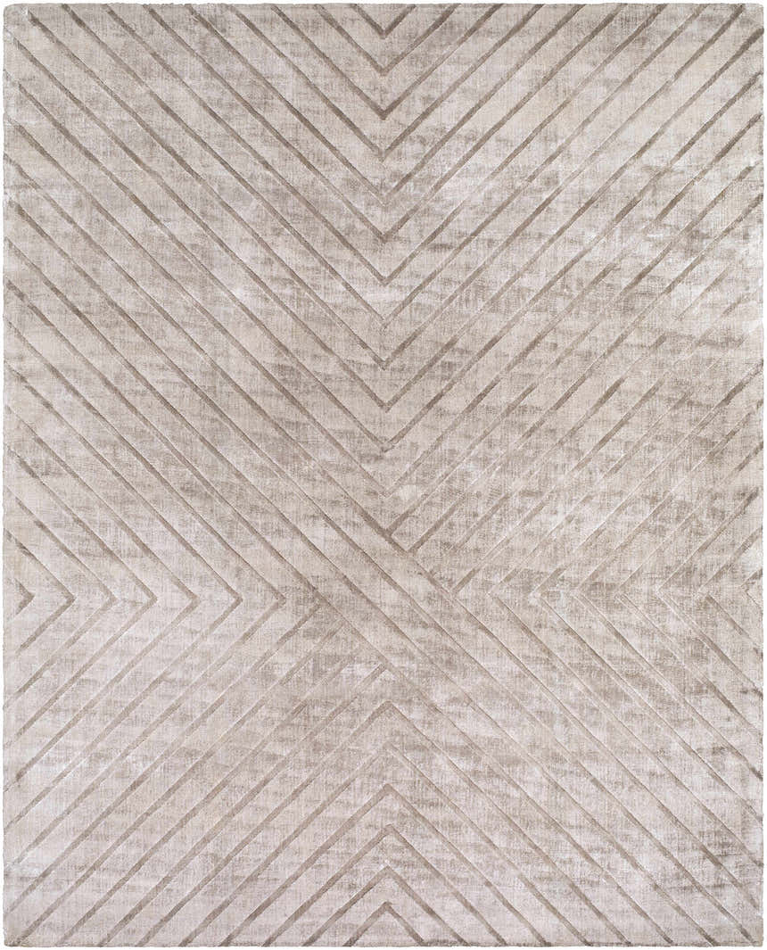 Close-up of Tavran Taupe rug, showcasing subtle linear texture and farmhouse style in beige, sandstone, and taupe viscose. Design-Rectangle-810