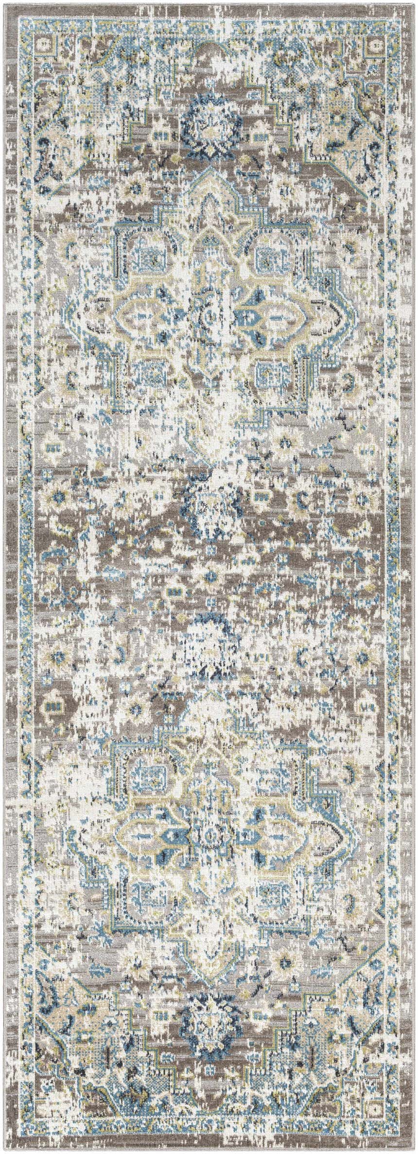 Close-up of the Cabacungan Gray & Blue Washable Area Rug, featuring a vintage, distressed oriental pattern in blue, gray, and cream. Design-Runner-2773