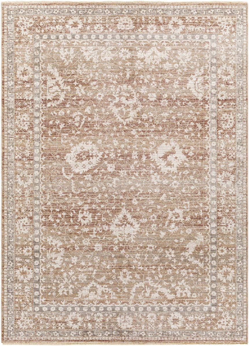 Close-up of the Kaongkod Area Rug - Clearance. Features a traditional floral pattern in dusty pink, ivory, and brown tones. Design-Rectangle-537