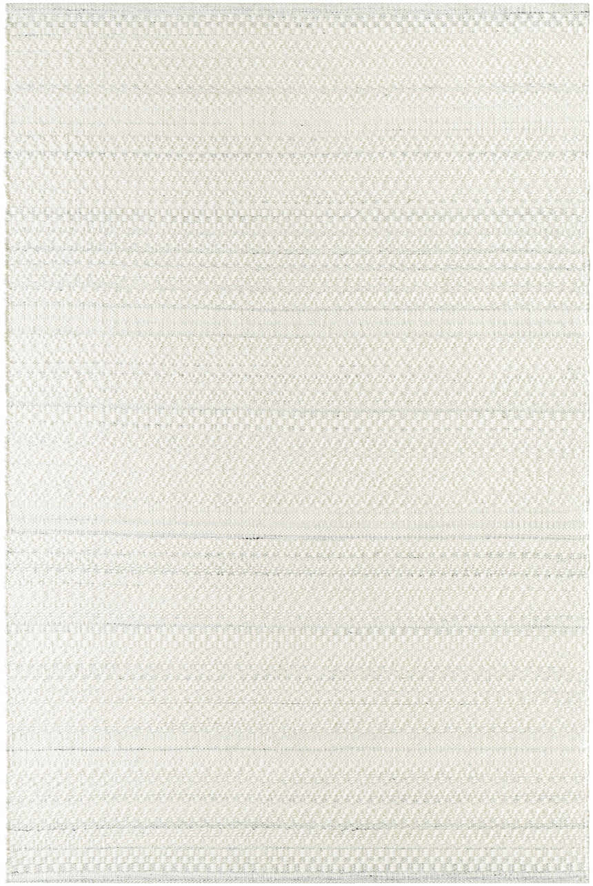 Close-up of the Kendi Light Slate Area Rug, a hand-woven wool rug with cream and light slate horizontal pattern. Design-Rectangle-576