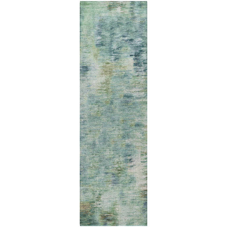 Close-up of Dalyn Luxury Kochi KC1 Teal Area Rug; abstract design in teal, beige, green, and navy.