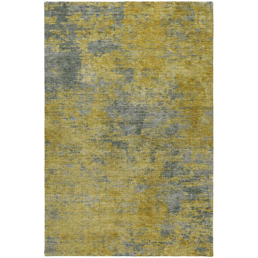 Close-up of the Dalyn Luxury Indoor/Outdoor Kochi KC2 Gold Area Rug. Features a distressed gold, peach, and taupe pattern.