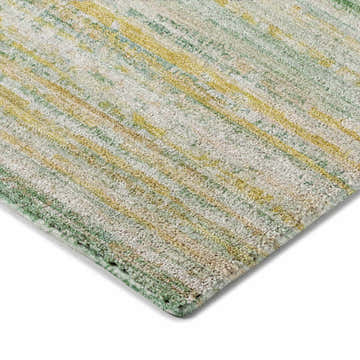 Close-up of the Dalyn Luxury Indoor/Outdoor Kochi KC3 Mint Area Rug with aloe, caramel, gold, green, and teal stripes.