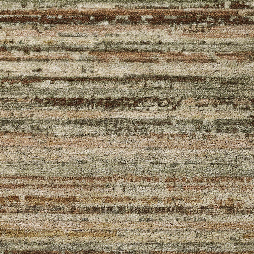 Close-up of the Dalyn Luxury Kochi KC3 Mocha rug. Features a textured, striped pattern in caramel, fudge, ivory, and light brown.