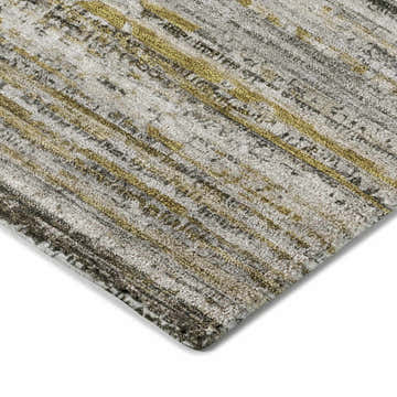 Close-up of Dalyn Luxury Kochi KC3 Pewter rug. Abstract stripes in fudge, medium gray, and taupe. Farmhouse style.