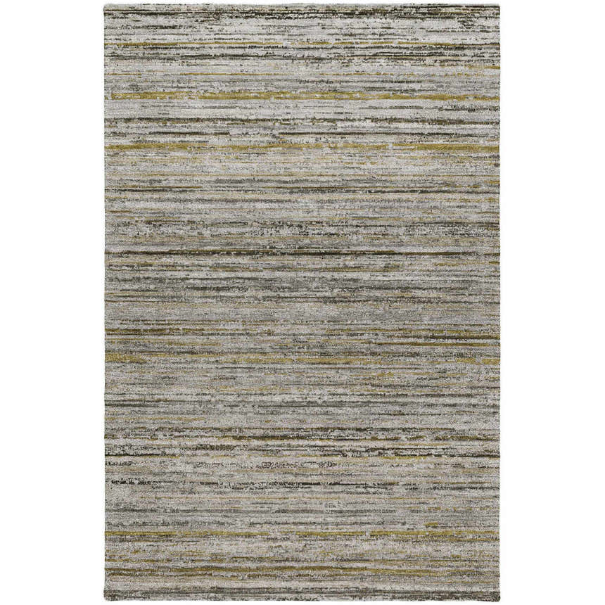 Close-up of Dalyn Luxury Kochi KC3 Pewter Area Rug. Features stripes of fudge, medium gray, and taupe.