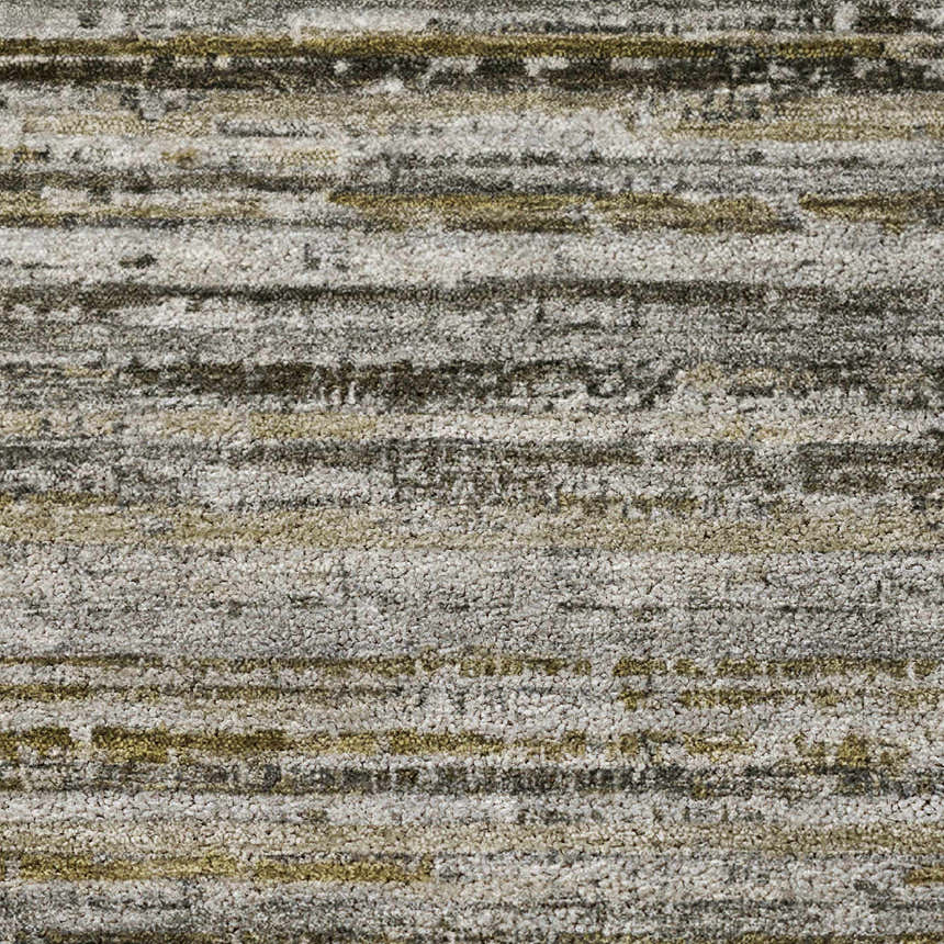 Close-up of the Dalyn Luxury Kochi KC3 Pewter Area Rug. Features a textured, horizontal stripe pattern in fudge, gray, and taupe.