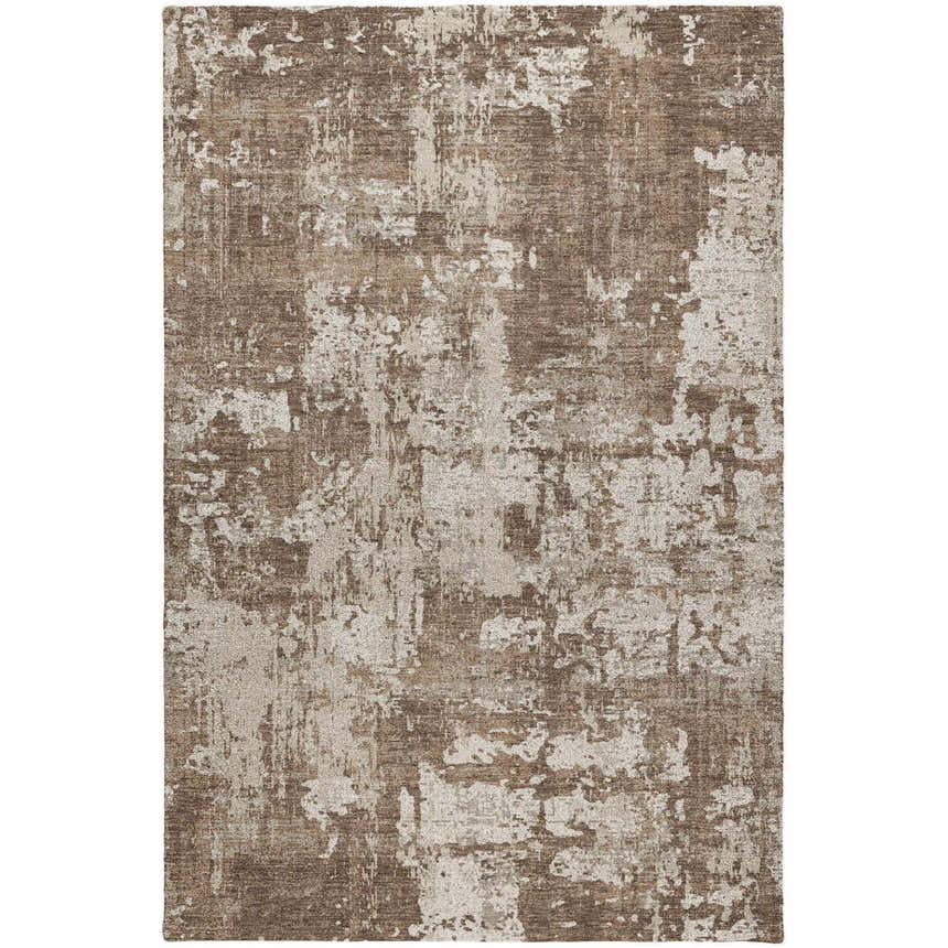 Close-up of the Dalyn Luxury Indoor/Outdoor Kochi KC7 Brown Area Rug with beige and brown distressed pattern.