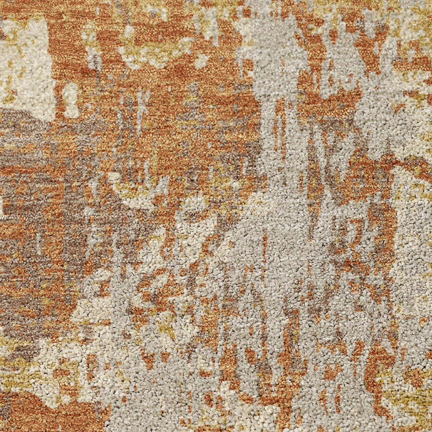 Close-up of the Dalyn Luxury Kochi KC7 Copper Area Rug, featuring beige, caramel, gold, and taupe abstract patterns.