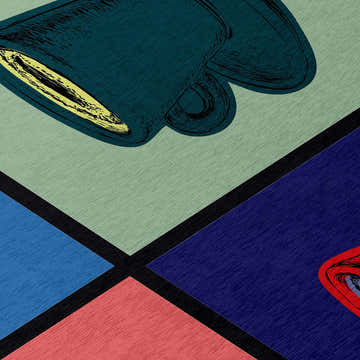 Close-up of Dalyn Kendall KE10 Multi Washable Area Rug with coffee cup design in black, blue, green, pink, red, and yellow.