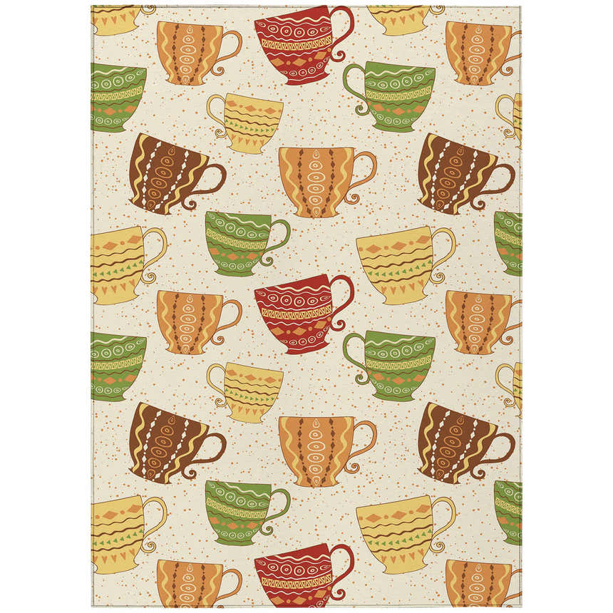 Dalyn Kendall KE15 Linen Washable Area Rug with a fun, colorful teacup pattern in beige, brown, red, yellow, and green.
