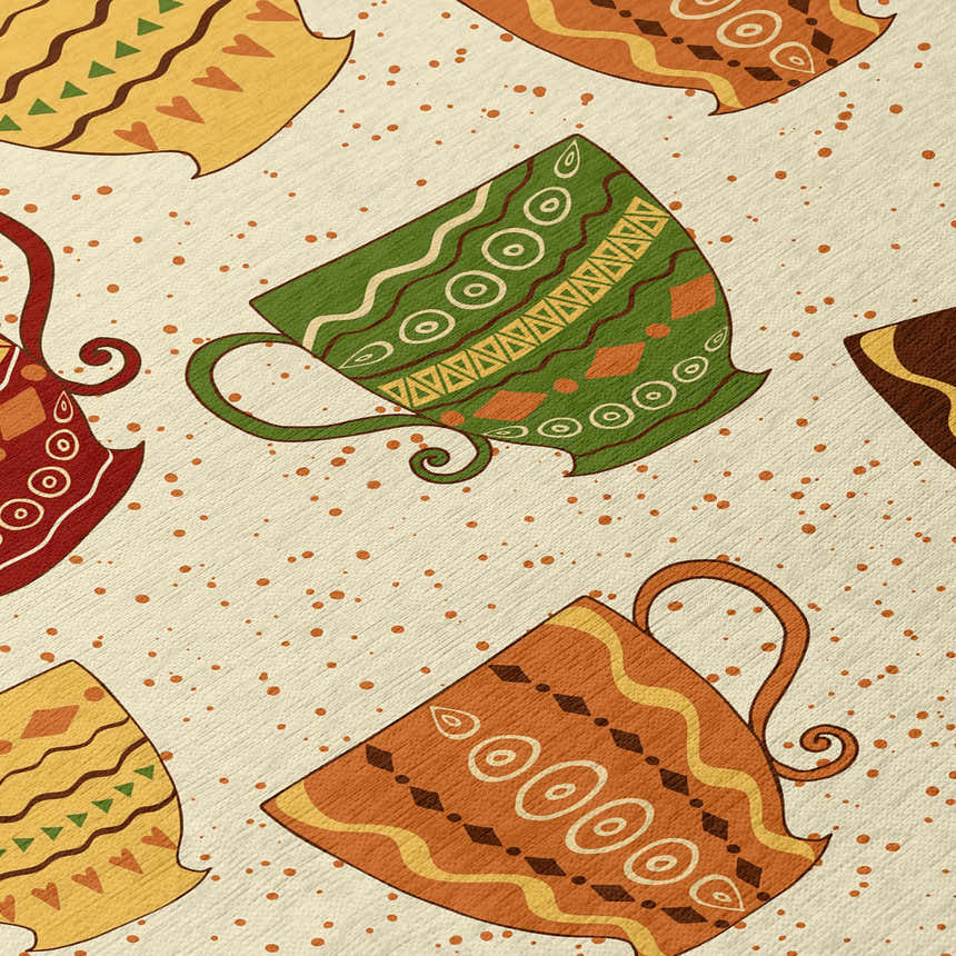 Close-up of Dalyn Kendall KE15 Linen Washable Area Rug with a fun, colorful teacup pattern in beige, green, red, and yellow.