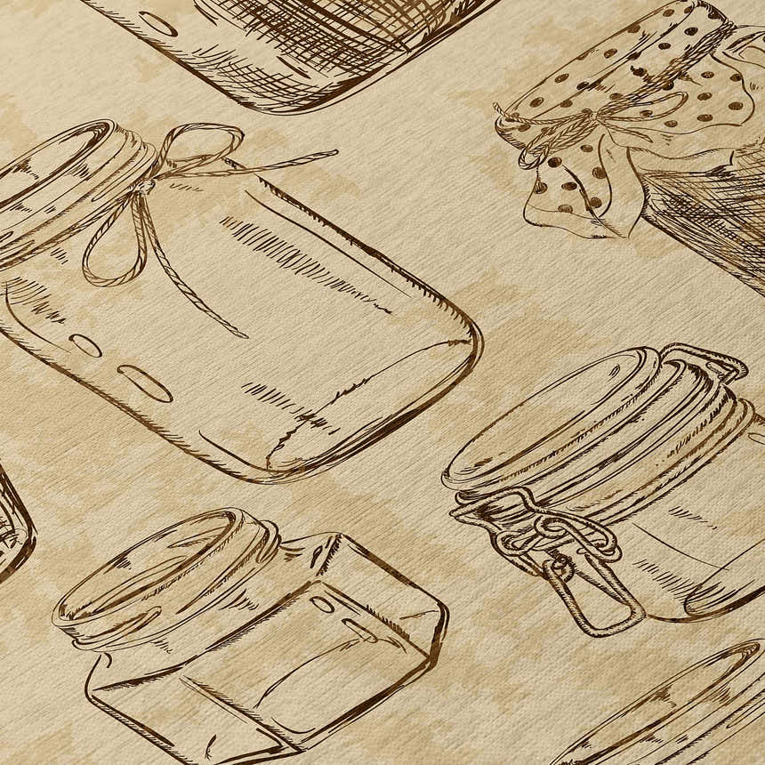 Close-up of Dalyn Kendall KE18 Parchment Washable Area Rug featuring a beige background and dark brown jar pattern.